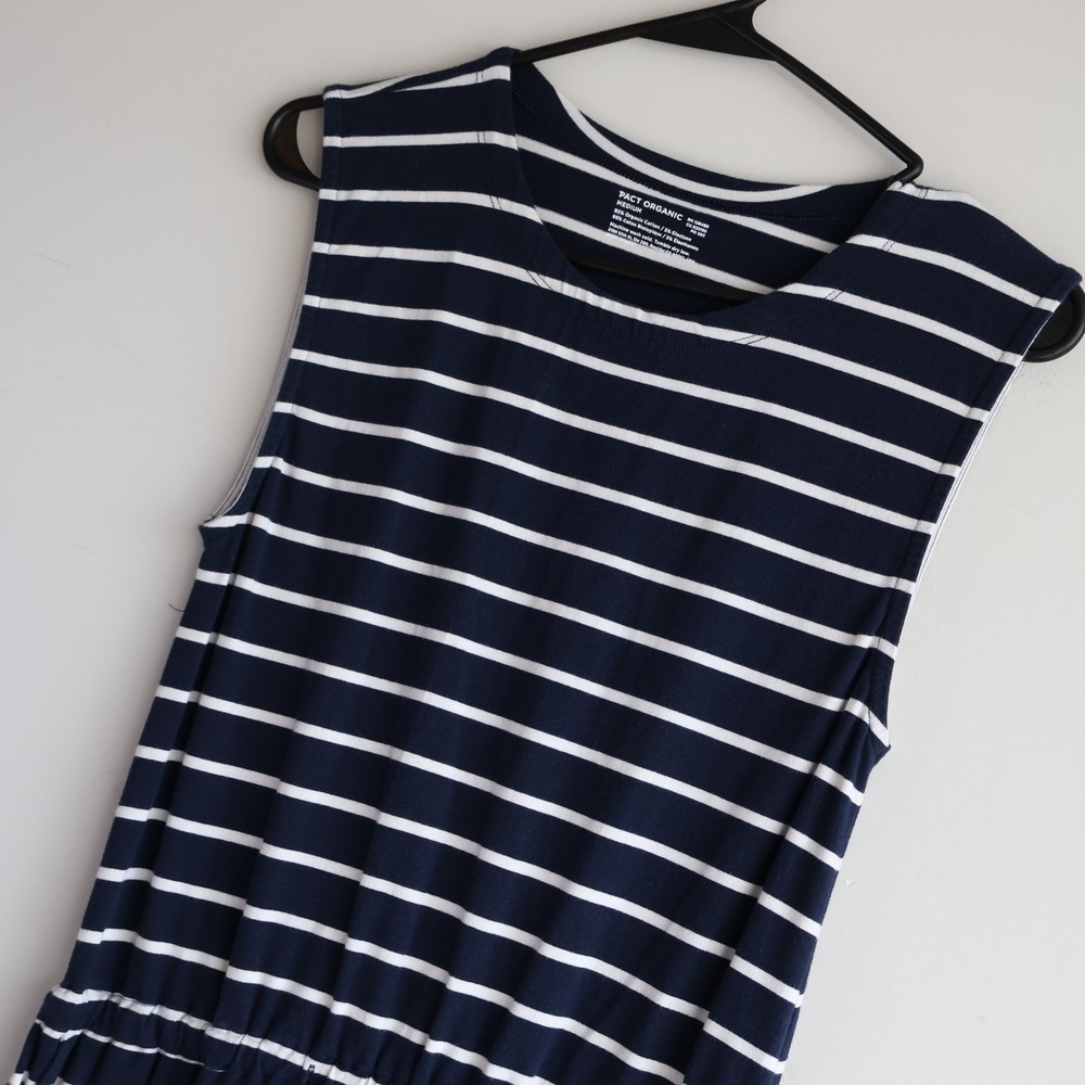 Pact Striped Maxi Dress Women's M Drawstring Waist Navy Organic Cotton